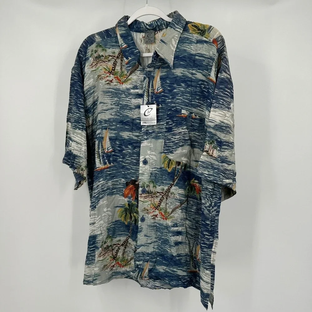 Claudio Nucci Mens Hawaiian Aloha Shirt Size XXL Blue Tropical Island Sailboat